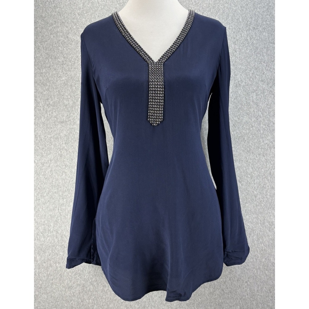 WHBM Silk Navy Embellished V-Neck Tunic Blouse Boho Chic Size 0 Minimalist, Boho